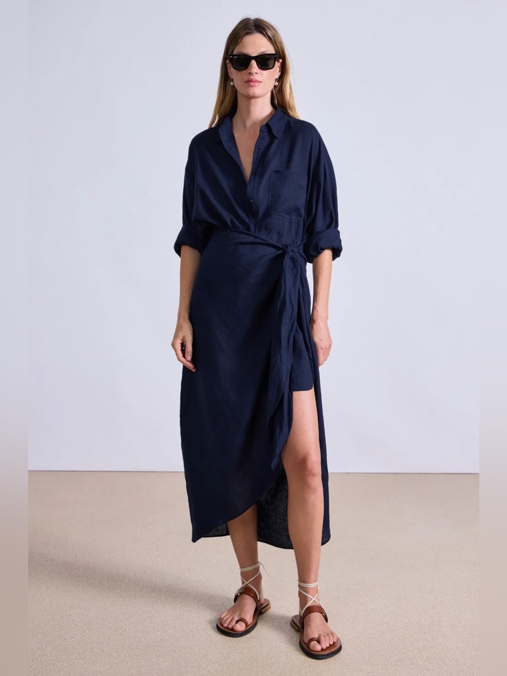 Apiece Apart Alessandra Sarong Linen Shirt Dress Navy Size 8